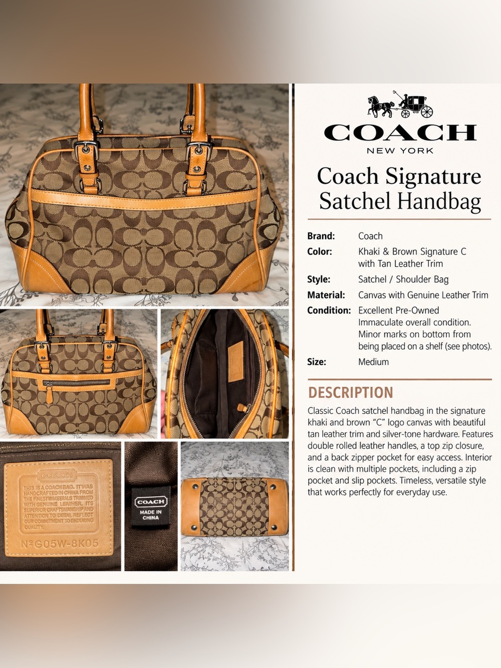 Coach Signature C Khaki Brown Tan Leather Satchel Handbag